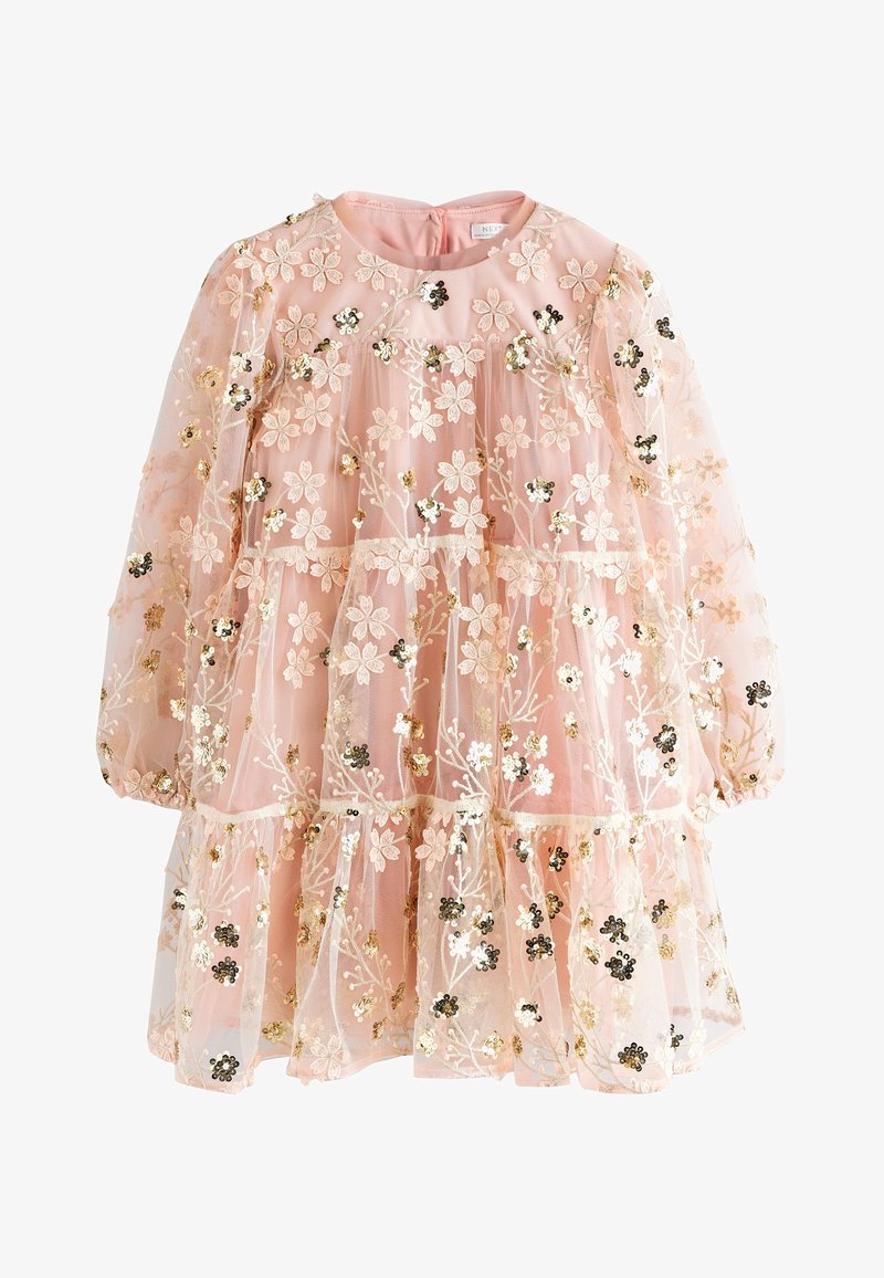Rochie roz cu mâneci lungi pentru fete, cu strat din dantelă florală și detalii florale cu paiete aurii și negre.