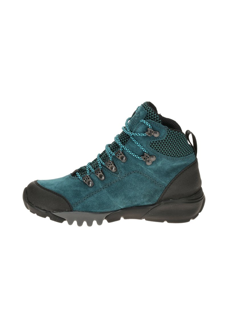 Scarpe da trekking in suede teal con suola in gomma nera, dettagli in rete e lacci blu. Presentano un battistrada pronunciato e sei anelli per lacci per una vestibilità sicura.