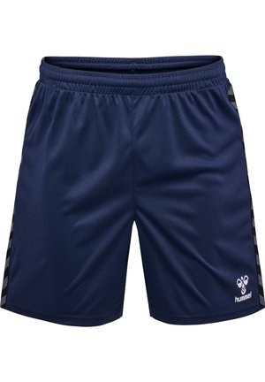 Mannen navyblauwe sportshorts met een elastische tailleband, zijden accentstreep in een steekruitdesign en een logo gedrukt op de rechteronderzoom.