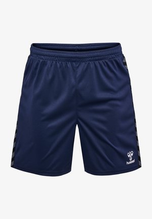 Herre navy blå atletiske shorts med elastisk talje, side checkerboard detaljer og et logo trykt på den nedre højre kant.