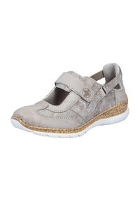 Hellgraue Mary Jane-Schuhe mit einem Klettverschluss, strukturiertem Obermaterial, korkähnlicher Sohle und weißer Gummisohle. Mit floraler Verzierung.