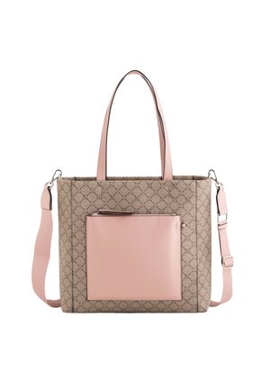 Tote bag with a patterned beige canvas exterior, pink leather front pocket, dual handles, and a detachable pink shoulder strap.