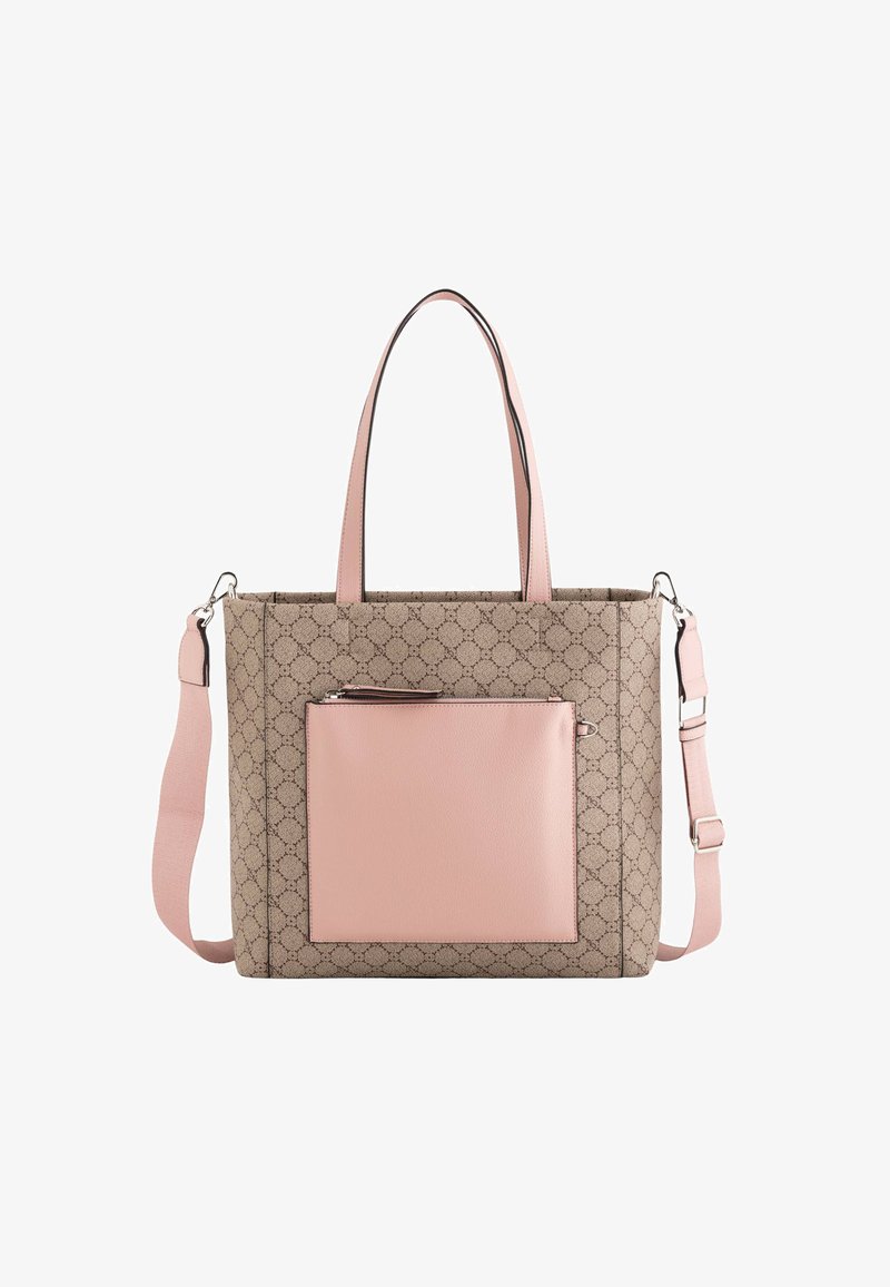 Kangasmainen olkalaukku, jossa on kuvioitu vaaleanbeige päällinen, pinkki nahkainen etutasku, kaksinkertaiset kahvat ja irrotettava pinkki olkahihna.