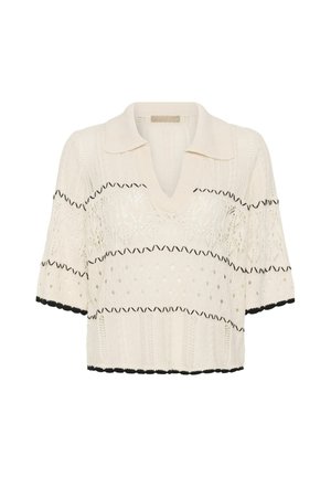 Pull court à manches courtes en maille crème avec col, encolure en V, motifs en dentelle, rayures en zigzag noires et bordure noire festonnée aux manches et à l'ourlet.