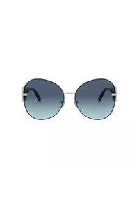 Occhiali da sole oversized a farfalla con montatura in metallo argentato, lenti sfumate da blu scuro a blu chiaro e punte delle asticelle in acetato nero.