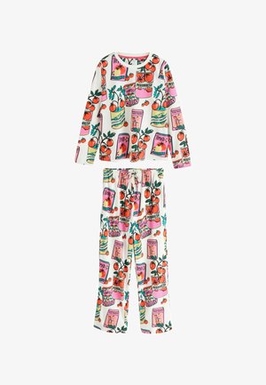 Katoenen pyjama set met lange mouwen en broek. Heeft levendige tomaat- en zaadpakketafdrukken op een witte achtergrond. Elastische tailleband.