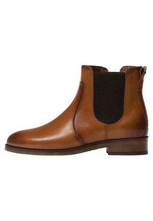 Brun læder ankelstøvle med elastiske sidelapper, rund tå og en lav stablet hæl. Den glatte tekstur komplementerer det moderne design.