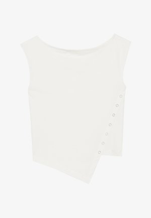 Asimetriska balta bluze, kas izgatavota no mīksta auduma, ar apaļu kakla izgriezumu un sānu pogām gar šuvi, radot modernu siluetu.