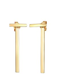 Ohrringe in goldfarbener Ausführung mit einem eleganten, rechteckigen Design und matter Oberfläche. Jede Ohrringe hat oben einen horizontalen Akzent.