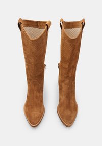 Botas de gamuza marrón hasta la rodilla con detalles perforados, punteras puntiagudas y acentos lisos contrastantes en la parte superior y en la base.