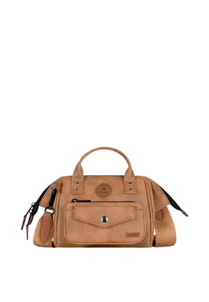 Small tan leather handbag with front pocket, two short handles, and a detachable shoulder strap.