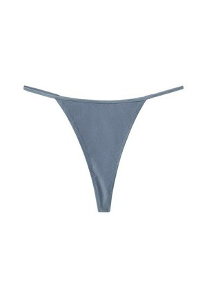 Modro-sive ženske tangice z ozkimi stranskimi trakovi in preprostim šivom na belem ozadju.