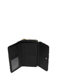 Užtraukiama piniginė su juodu odiniu interjeru, turinti kelis kortelių kišenėles, skaidrų ID langelį ir gėlių raštą ant išorinio audinio.