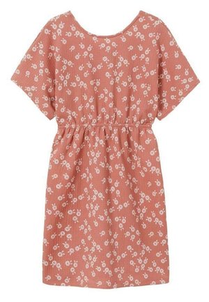 Robe corail à manches courtes avec motif floral marguerite blanche et taille élastique, longueur genou, style décontracté.