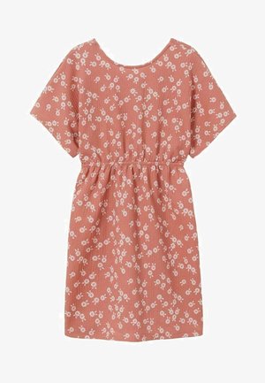 Robe corail à manches courtes avec motif floral marguerite blanche et taille élastique, longueur genou, style décontracté.