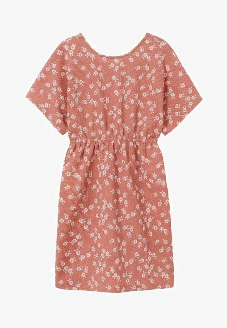 Robe corail à manches courtes avec motif floral marguerite blanche et taille élastique, longueur genou, style décontracté.