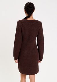 Brown knit dress with long sleeves, ribbed texture, and a round neckline. Fitted silhouette, mid-thigh length, and minimalistic design.
