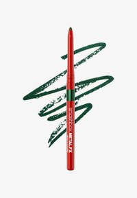 Rød metal eyeliner blyant med en grøn accent. En grøn metallisk linje snor sig bagved og fremhæver dens levende farve.