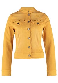 Žlutá džínová bunda s vysokým límcem, zapínáním na knoflíky, dvěma knoflíkovými náprsními kapsami s cvoky a prošívanými detaily.