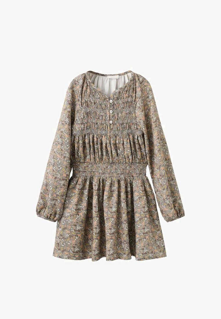 Brun blommig klänning med långa ärmar, smockad byst, knappdetalj och utsvängd kjol. Har mångfärgade små blommönster.