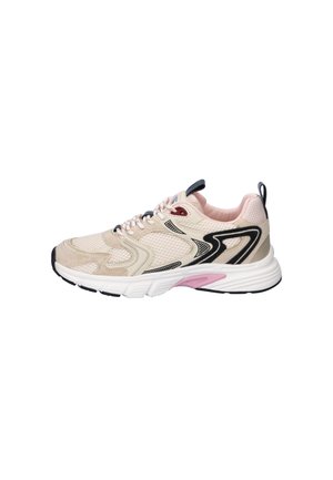 Beige en roze sportschoenen met zwarte en witte accenten, mesh en suède bovenwerk, gevoerde zool en trekkingen op tong en hiel.