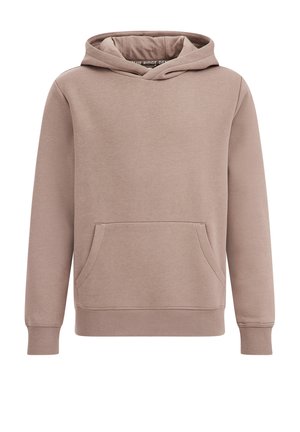 Brun pullover-hoodie med front-kængurulomme, ribstrikkede manchetter og kant samt en dobbeltlaget hætte.