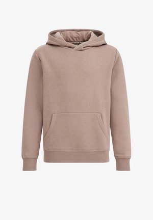 Brun pullover-hoodie med front-kængurulomme, ribstrikkede manchetter og kant samt en dobbeltlaget hætte.