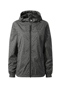 Dark gray hooded windbreaker with black star pattern, front zipper, elastic cuffs, and brand logo on the chest.