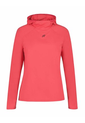 Koraalroze hoodie met lange mouwen, strak model en klein zwart "R"-logo op de borst, ontworpen voor sportieve activiteiten.