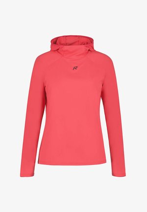 Langärmeliges Kapuzenpullover in Korallenrosa mit figurbetontem Design und kleinem schwarzen "R"-Logo auf der Brust, entworfen für aktive Träger.