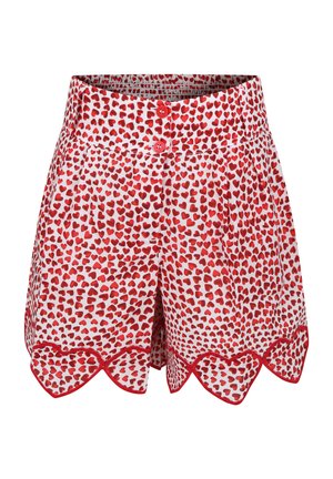 Shorts rouge et blanc avec un motif en forme de cœur, un ourlet festonné et deux boutons à la taille. Fabriqués en tissu léger avec une texture douce.