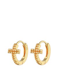 Guld hoop øreringe med et korsdesign, der har en struktureret overflade og små runde accenter. Fremstillet af 925 sterling sølv.