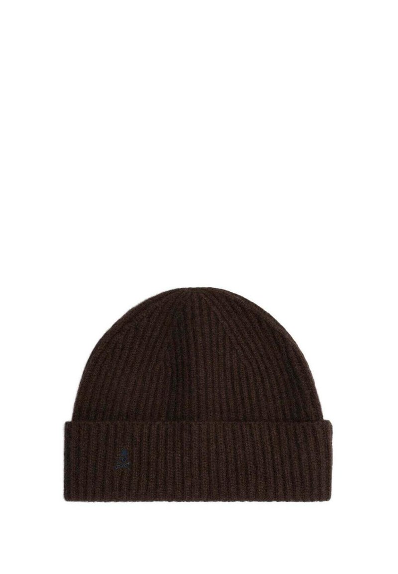 Brown ribbed knit beanie with a folded cuff and a small embroidered logo. Made from soft material, it features a textured, stretchy design.