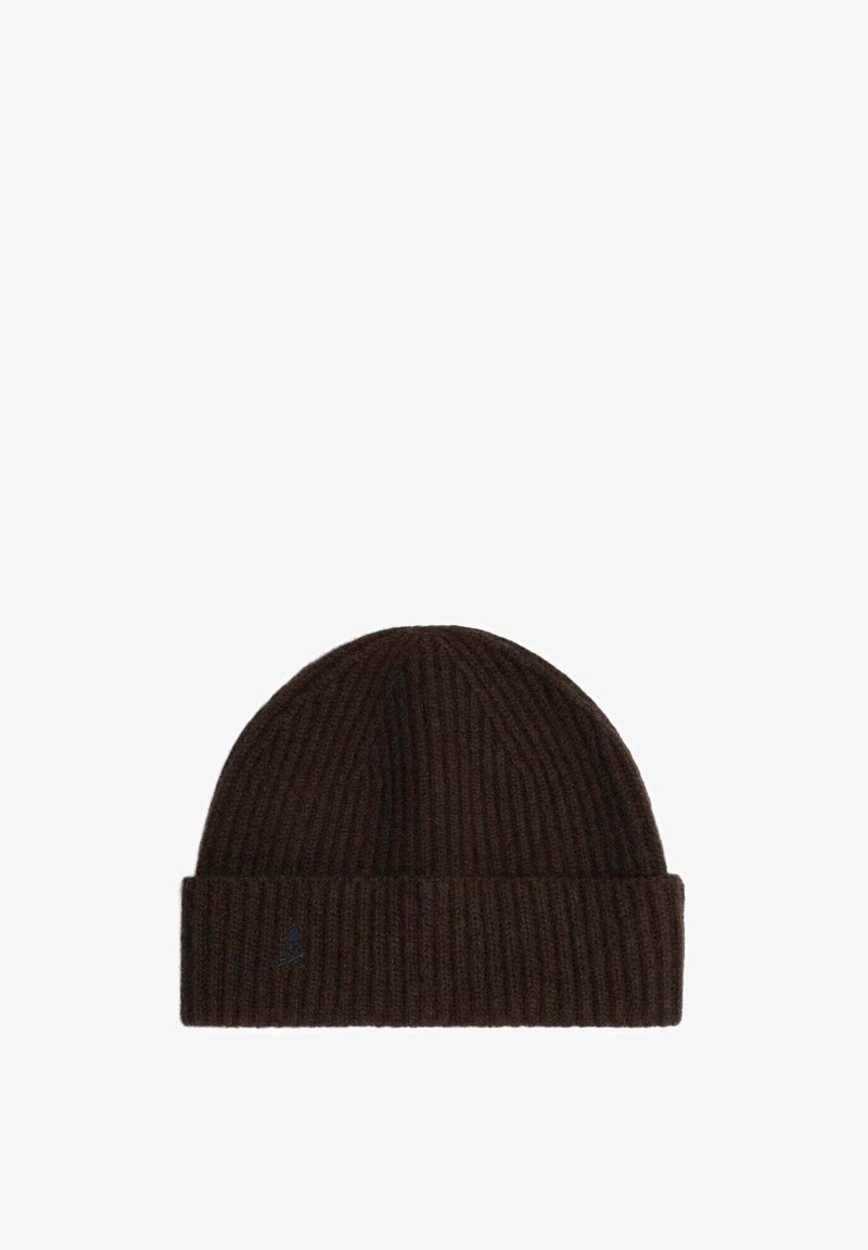Brown ribbed knit beanie with a folded cuff and a small embroidered logo. Made from soft material, it features a textured, stretchy design.