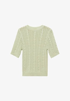 Mintgrüner Kurzarm-Strickpullover mit strukturellem Kabelmuster sowie geripptem Halsausschnitt und Saum. Leichtes und atmungsaktives Material.