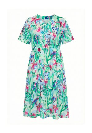 Vestido hasta la rodilla de manga corta con un vibrante tema submarino que presenta peces, estrellas de mar, algas y coral en tonos de verde, rosa y azul.