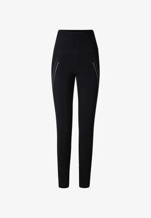 Leggings de sport noirs en tissu extensible, avec une taille haute, une coupe slim et des coutures latérales contrastées pour plus de détails.