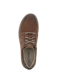 Brown leather shoe with rounded toe, beige laces, and contrasting stitching. Features a cushioned insole and textured outsole.