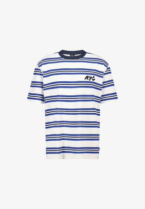 White cotton t-shirt with blue horizontal stripes, navy crew neck, and "NYC" printed in black on the left chest area.
