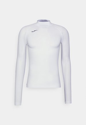 Camisola atlética de manga longa, branca, feita de tecido liso, com um decote alto e um pequeno logo preto no lado esquerdo do peito.