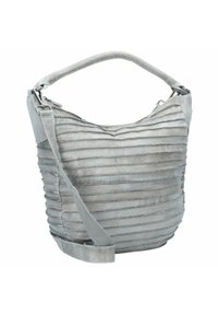 Szara torba z teksturowanej skóry z pionowymi zakładkami, pojedynczym uchwytem na górze oraz regulowanym paskiem na ramię. Zapięcie na suwak u góry.