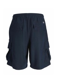 Shorts cargo bleu marine avec taille élastique, deux poches arrière à rabat et deux poches cargo latérales.