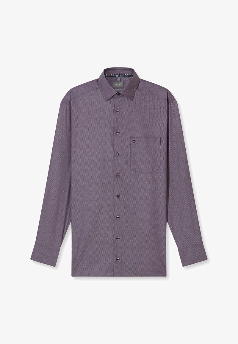 Chemise à manches longues à boutons avec un motif pied-de-poule violet, dotée d'une poche poitrine et d'un col intérieur à motif.