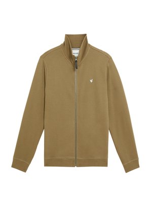 Braune Zip-Jacke mit hohem Kragen, langen Ärmeln, gerippten Bündchen und einem weißen Logo auf der Brust. Glattes Baumwollgewebe mit solider Textur.