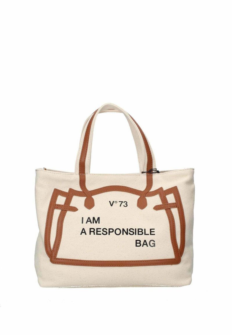 Sac en toile avec des accents en cuir synthétique marron, affichant le texte "JE SUIS UN SAC RESPONSABLE" en police noire en gras.