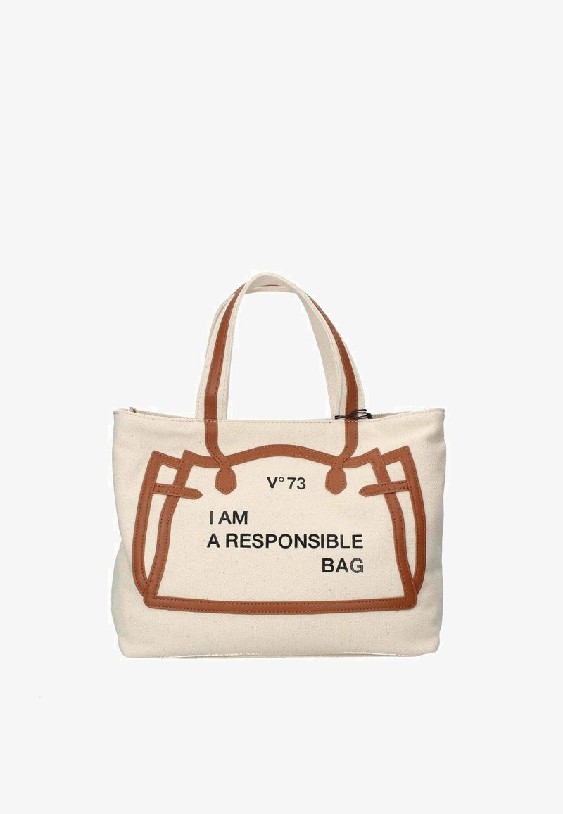 Borsa tote in tela con dettagli in pelle sintetica marrone, con il testo "IO SONO UNA BORSA RESPONSABILE" in caratteri neri in grassetto.