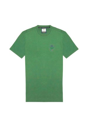 T-shirt verde in cotone con maniche corte e scollo rotondo. Presenta una stampa sul petto anteriore con dettagli blu e un piccolo accento della bandiera italiana.