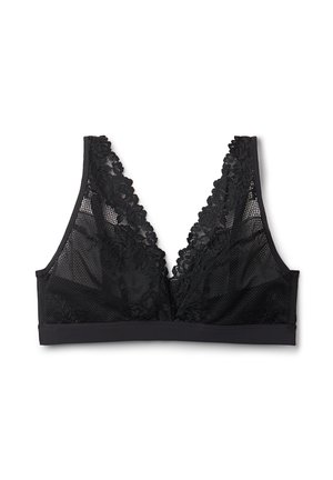 Schwarzer Bralette mit Spitzenbesatz, aus Netzstoff und mit V-Ausschnitt. Weicher Saum am unteren Rand, ohne Polster oder Bügel für zusätzlichen Komfort.