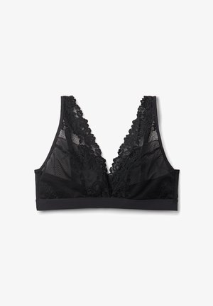 Schwarzer Bralette mit Spitzenbesatz, aus Netzstoff und mit V-Ausschnitt. Weicher Saum am unteren Rand, ohne Polster oder Bügel für zusätzlichen Komfort.