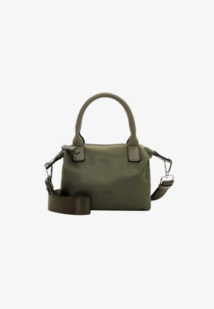 Borsa a mano verde oliva realizzata in tessuto liscio, con due manici superiori, una tracolla regolabile e accessori in tonalità argento. Forma compatta e bombata.